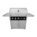 Stono Outdoor Living The Wildfire Ranch Pro 36-in 3 Burner Black 304 SS Natural Gas Grill by Wildfire Outdoor Living features stainless steel burners, four control knobs, two side shelves, a temperature gauge on the lid, and a double-door storage cabinet.