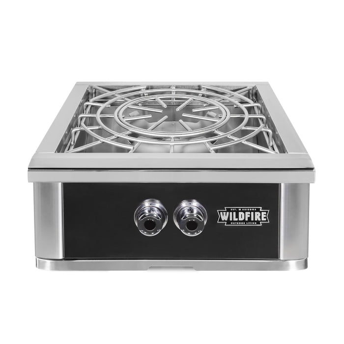 Stono Outdoor Living Front view of the Wildfire Ranch Pro Power Burner 304 Black SS Propane by Wildfire Outdoor Living, featuring two control knobs, a protective grill grate, and powerful stainless steel burners—ideal for your outdoor kitchen.