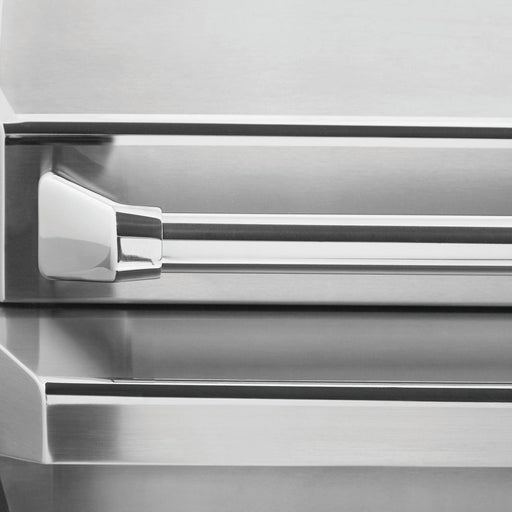 Stono Outdoor Living Close-up of the stainless steel handle on the Twin Eagles 42-Inch 3-Burner Built-In Natural Gas Grill (TEBQ42G-CN), showcasing its clean lines, brushed finish, and signature quality craftsmanship from Twin Eagles.