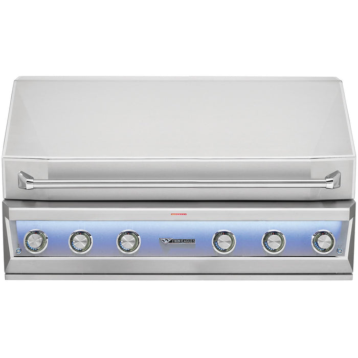 Stono Outdoor Living The Twin Eagles Eagle One 54-Inch 4-Burner Built-In Propane Gas Grill (TE1BQ54RS-L) features a sear zone, two infrared rotisserie burners, blue backlit controls, and sleek stainless steel design for modern luxury grilling.