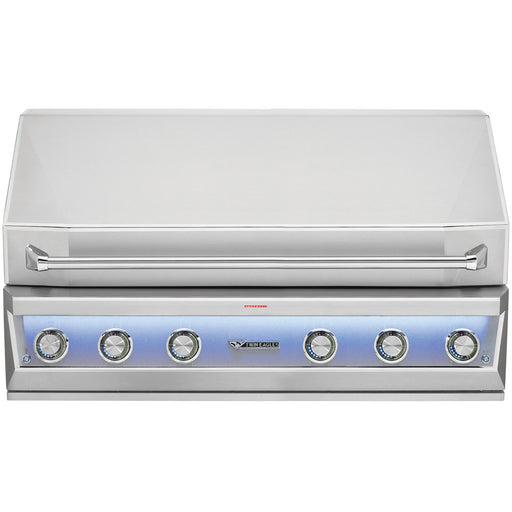 Stono Outdoor Living The Twin Eagles Eagle One 54-Inch 4-Burner Built-In Natural Gas Grill (TE1BQ54RS-N) features luxury innovations, a sear zone, two infrared rotisserie burners, six control knobs, blue accents, closed lid, and a modern rectangular stainless steel design.