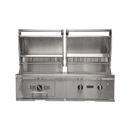 Stono Outdoor Living Front view of the Coyote 50" Hybrid Grill (C3HY50NG), a stainless steel, built-in natural gas grill with dual open lids, three control knobs, built-in thermometer, and grilling surfaces for both charcoal and gas in a sleek design.