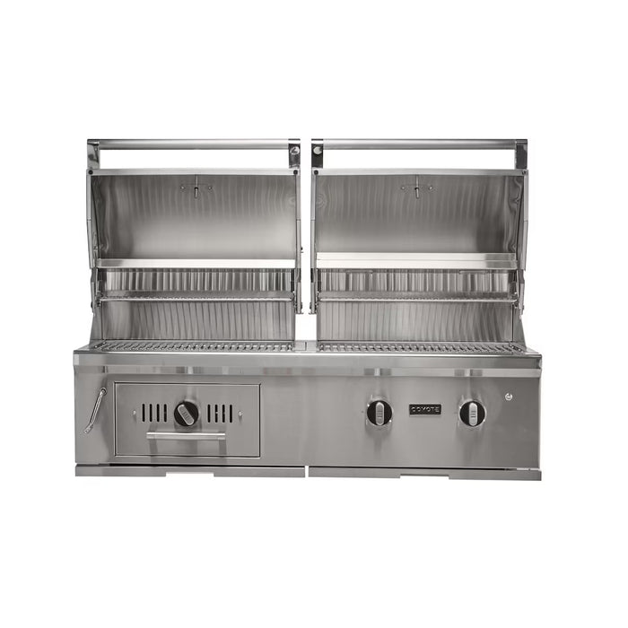 Stono Outdoor Living Front view of the Coyote 50" Hybrid Grill (C3HY50NG), a stainless steel, built-in natural gas grill with dual open lids, three control knobs, built-in thermometer, and grilling surfaces for both charcoal and gas in a sleek design.