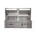 Stono Outdoor Living Front view of the Coyote 50" Hybrid Grill (C3HY50NG), a stainless steel, built-in natural gas grill with dual open lids, three control knobs, built-in thermometer, and grilling surfaces for both charcoal and gas in a sleek design.