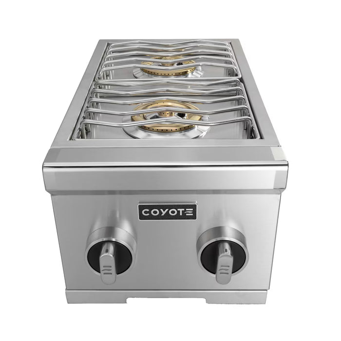 Stono Outdoor Living The Coyote 12" Double Side Burner in Natural Gas (C3DBNG) features stainless steel construction, two control knobs, and protective grates—an ideal addition to outdoor kitchens.