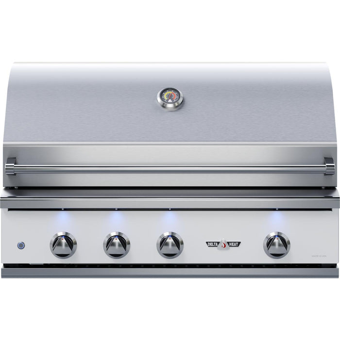 Stono Outdoor Living The Delta Heat 38-Inch 3-Burner Built-In Natural Gas Grill (DHBQ38RS-WN) features a Sear Zone, rotisserie, white control panel, blue-lit knobs, built-in thermometer, and a sleek stainless steel body for premium outdoor cooking.