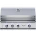 Stono Outdoor Living The Delta Heat 38-Inch 3-Burner Built-In Propane Grill (DHBQ38R-WL) features a white control panel, blue LED-lit knobs, a lid thermometer, and rotisserie capability for versatile outdoor cooking.