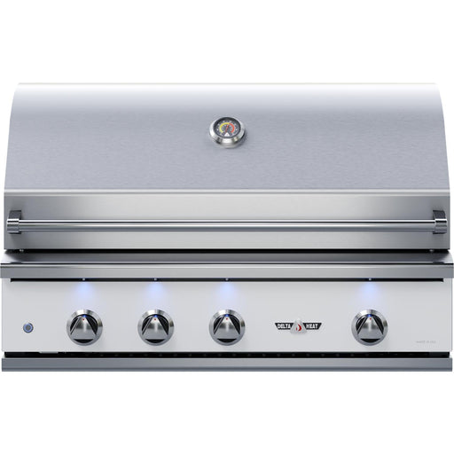 Stono Outdoor Living The Delta Heat 32-Inch 3-Burner Built-In Natural Gas Grill w/ Rotisserie & Sear Zone (DHBQ32RS-WN) features a white control panel, built-in thermometer, blue LED-lit knobs, and offers powerful searing—perfect for outdoor cooking.