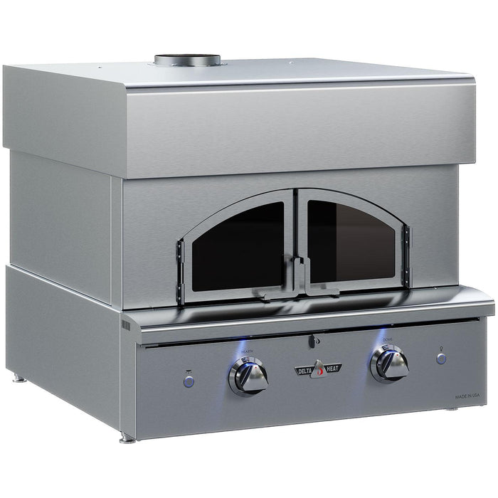 Stono Outdoor Living The Delta Heat 30-Inch Built-In Pizza Oven (Propane, DHPO30BI-L) features two black-handled doors, dual control knobs, and front panel indicator lights, designed for professional kitchens.
