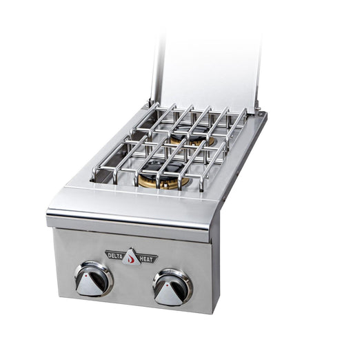 Stono Outdoor Living The Delta Heat Built-In Natural Gas Double Side Burner (DHSB2-DN) features durable 304 stainless steel, two control knobs, a metal grate, and a partially open hinged lid—ideal for built-in outdoor kitchen setups.