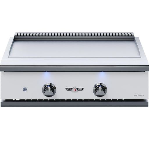 Stono Outdoor Living The Delta Heat 32-Inch Built-In Propane Teppanyaki Griddle (DHTG32-WL) features a white control panel, two knobs, LED indicator, Delta Heat logo, and a stainless steel griddle with raised backsplash for outdoor cooking.