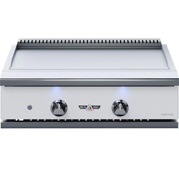 Stono Outdoor Living The Delta Heat 32-Inch Built-In Propane Teppanyaki Griddle (DHTG32-WL) features a white control panel, two knobs, LED indicator, Delta Heat logo, and a stainless steel griddle with raised backsplash for outdoor cooking.