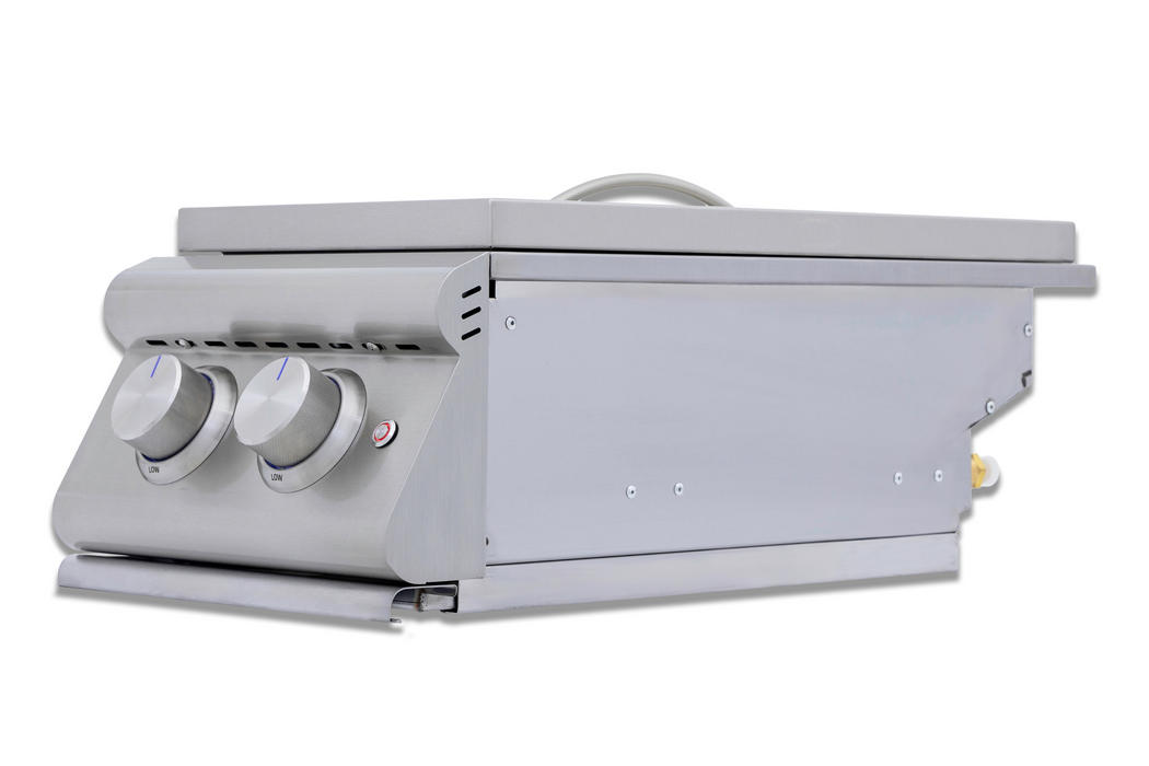 Stono Outdoor Living The Blaze Premium LTE+ Propane Gas Stainless Steel Double Side Burner with lid (BLZ-SB2-LTE3-LP) by Blaze features two control knobs and a sleek, compact design—perfect for any outdoor kitchen—shown against a white background.