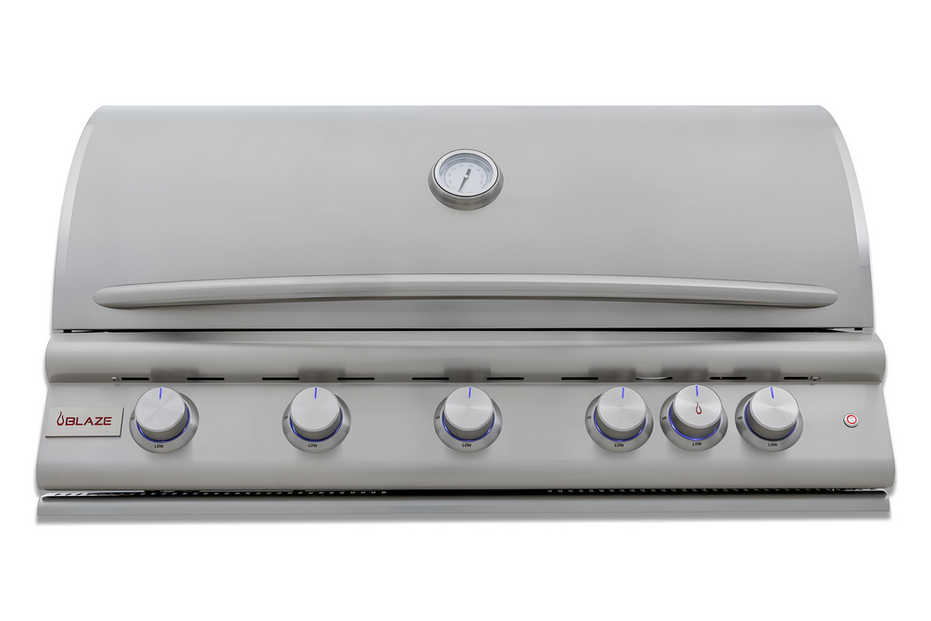 Stono Outdoor Living The Blaze Premium LTE+ 40" 5-Burner Propane Grill (BLZ-5LTE3-LP) features stainless steel burners, six control knobs, a lid temperature gauge, rear infrared burner, grill lights, and the Blaze logo—backed by a lifetime warranty.