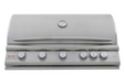 Stono Outdoor Living The Blaze Premium LTE+ 40" 5-Burner Propane Grill (BLZ-5LTE3-LP) features stainless steel burners, six control knobs, a lid temperature gauge, rear infrared burner, grill lights, and the Blaze logo—backed by a lifetime warranty.