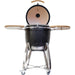 Stono Outdoor Living The Coyote Asado Smoker w/ Stand & Side Shelves (C1CHCS-FS) is a black ceramic kamado-style charcoal grill with a domed lid, wooden side shelves, vented lower front, and wheeled metal stand—ideal for outdoor cooking.