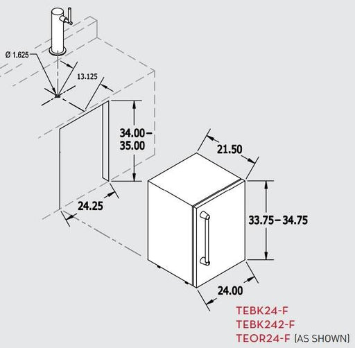 Stono Outdoor Living Technical diagram showing installation dimensions for the Twin Eagles 24-Inch Built-In Beer Keg Dispenser (TEBK24-F), with door, handle, faucet, and measurements for height, width, depth, and hole diameter. Brand: Twin Eagles.