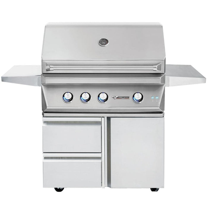 Stono Outdoor Living The Twin Eagles 36-Inch 3-Burner Built-In Gas Grill (TEBQ36RS-CL) features a Five-Part Grilling System, sear zone, infrared rotisserie burner, stainless steel burners, built-in thermometer, side shelves, and storage cabinets.