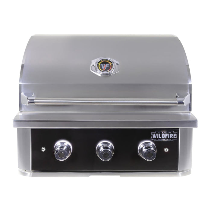 Stono Outdoor Living The Wildfire Ranch Pro 30" Gas Grill in black stainless steel features a closed lid, built-in thermometer, and three front control knobs—ideal for outdoor kitchens. Wildfire Outdoor Living branding is on the lower right. Model: WFPRO30G-BSS-NG.