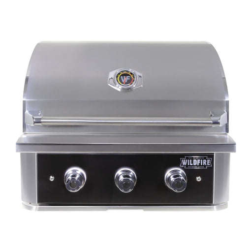 Stono Outdoor Living The Wildfire Outdoor Living Ranch Pro 42" Gas Grill (WFPRO42G-BSS-NG) in black stainless steel features three control knobs, a lid-mounted temperature gauge, and a front panel brand logo. The lid is closed.