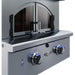 Stono Outdoor Living Close-up of the Delta Heat 30-Inch Built-In Pizza Oven (DHPO30BI-L) with two black glass doors, dual control knobs illuminated blue, and the Delta Heat logo centered between the knobs.