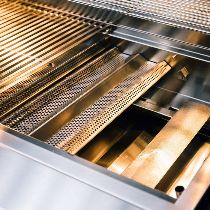 Stono Outdoor Living Close-up of the TrueFlame 40" 5-Burner Built-In Propane Gas Grill (TF40L) by TrueFlame, featuring clean stainless steel grates and perforated trays that reflect light and highlight detailed metal textures.