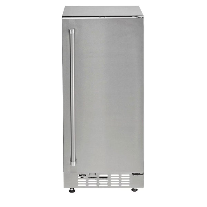 Stono Outdoor Living The Coyote 15" Outdoor Refrigerator (C115R-S) features stainless steel construction, a reversible hinge, and a vented bottom front panel, making it a stylish and functional addition to your outdoor kitchen setup.