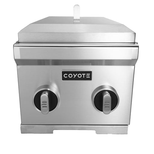 Stono Outdoor Living The Coyote 12" Double Side Burner in Natural Gas (C3DBNG) features durable stainless steel, two front control knobs, a top lid, and the Coyote brand displayed between the knobs—perfect for outdoor kitchens.
