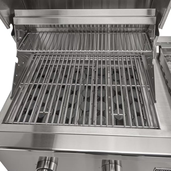 Stono Outdoor Living A close-up of the Coyote 50" Combo Grill, Built-In Natural Gas (C3CO50NG), shows its clean stainless steel finish, open lid, dual-level grilling grates, and front control knobs.