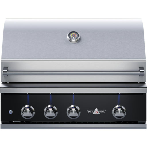 Stono Outdoor Living The Delta Heat 38-Inch 3-Burner Built-In Natural Gas Grill (DHBQ38R-KN) features a closed lid, built-in thermometer, black control panel with blue LED-lit knobs, stainless steel design, and advanced rotisserie capabilities.
