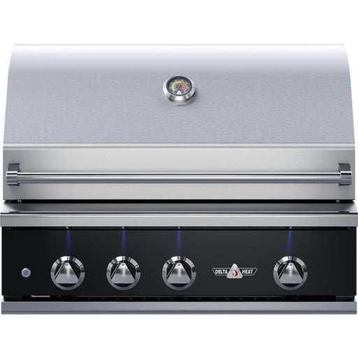 Stono Outdoor Living The Delta Heat 32-Inch 3-Burner Built-In Natural Gas Grill (DHBQ32RS-KN) features a black control panel, sear zone, rotisserie, built-in thermometer, four blue LED-lit knobs, and prominent Delta Heat branding on the front.