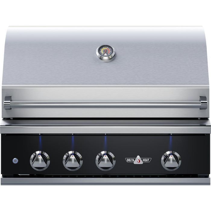 Stono Outdoor Living The Delta Heat 32-Inch 3-Burner Built-In Natural Gas Grill (DHBQ32RS-KN) features a black control panel, sear zone, rotisserie, built-in thermometer, four blue LED-lit knobs, and prominent Delta Heat branding on the front.