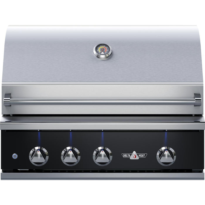 Stono Outdoor Living The Delta Heat 38-Inch 3-Burner Built-In Natural Gas Grill (DHBQ38RS-KN) features a black control panel, rotisserie, and sear zone—ideal for versatile grilling and perfect heat control.