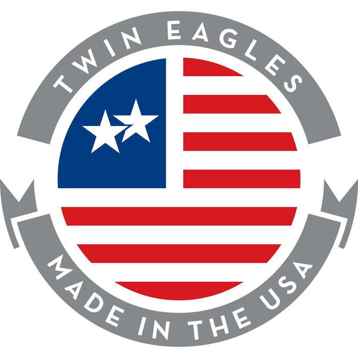 Stono Outdoor Living A circular logo with a stylized American flag inside. Twin Eagles 30-Inch 2-Burner Built-In Propane Gas Grill is written at the top and MADE IN THE USA at the bottom, both in gray text on a gray ribbon border.