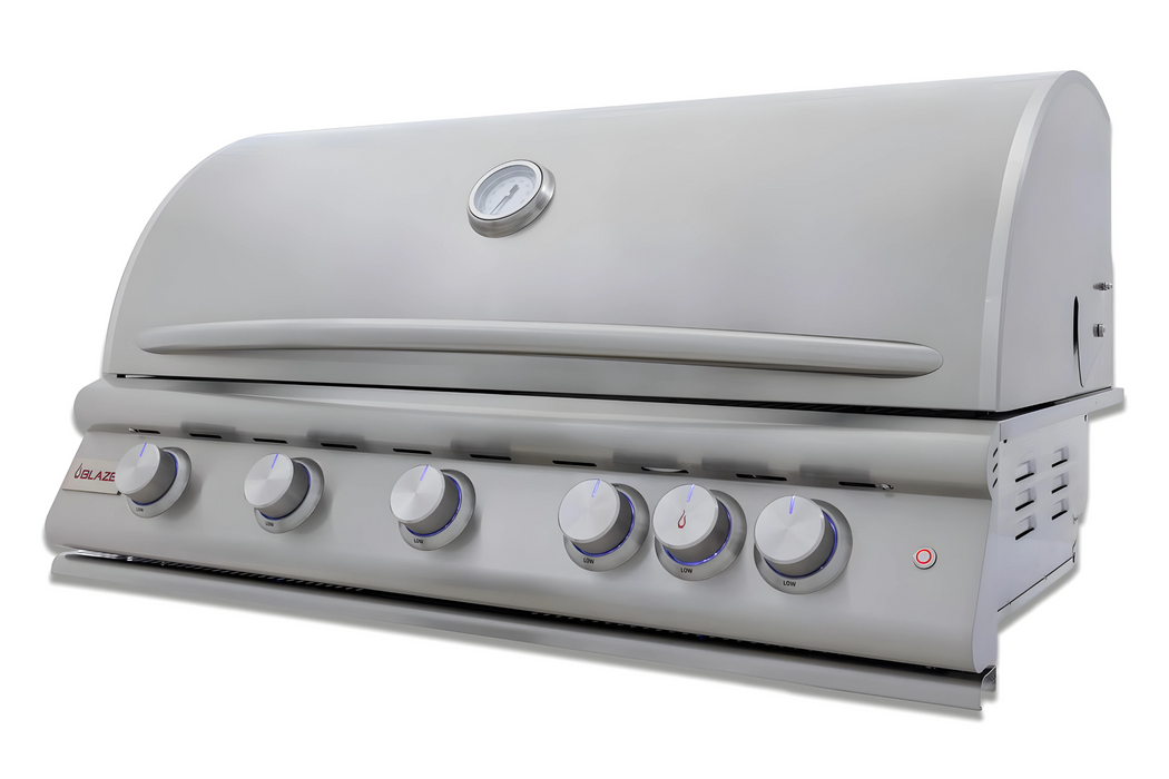 Stono Outdoor Living The Blaze Premium LTE+ 40" 5-Burner Propane Grill (BLZ-5LTE3-LP) features stainless steel burners, rear infrared burner, grill lights, control knobs, built-in thermometer, and ignition button—durable Blaze quality with a lifetime warranty.