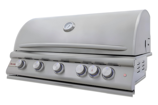 Stono Outdoor Living The Blaze Premium LTE+ 40" 5-Burner Propane Grill (BLZ-5LTE3-LP) features stainless steel burners, rear infrared burner, grill lights, control knobs, built-in thermometer, and ignition button—durable Blaze quality with a lifetime warranty.