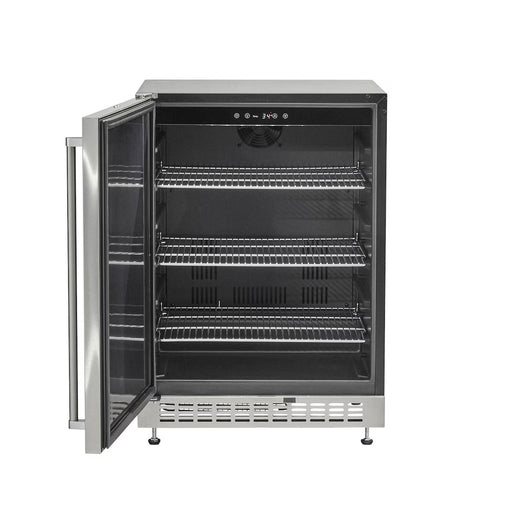 Stono Outdoor Living The Coyote 24" Outdoor Refrigerator (C124R-S) with a glass door is open, showing three empty adjustable shelves inside. This stainless steel fridge by Coyote is set against a plain white background.