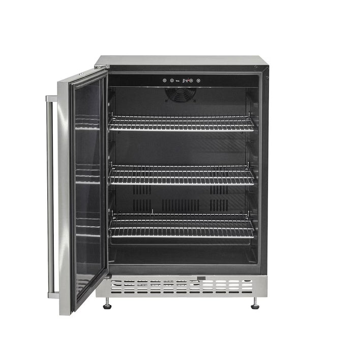 Stono Outdoor Living The Coyote 24" Outdoor Refrigerator (C124R-S) with a glass door is open, showing three empty adjustable shelves inside. This stainless steel fridge by Coyote is set against a plain white background.