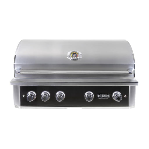 Stono Outdoor Living The Wildfire Ranch Pro 42" Gas Grill 304 Black SS Propane by Wildfire Outdoor Living features five control knobs, a closed lid, and a central temperature gauge.