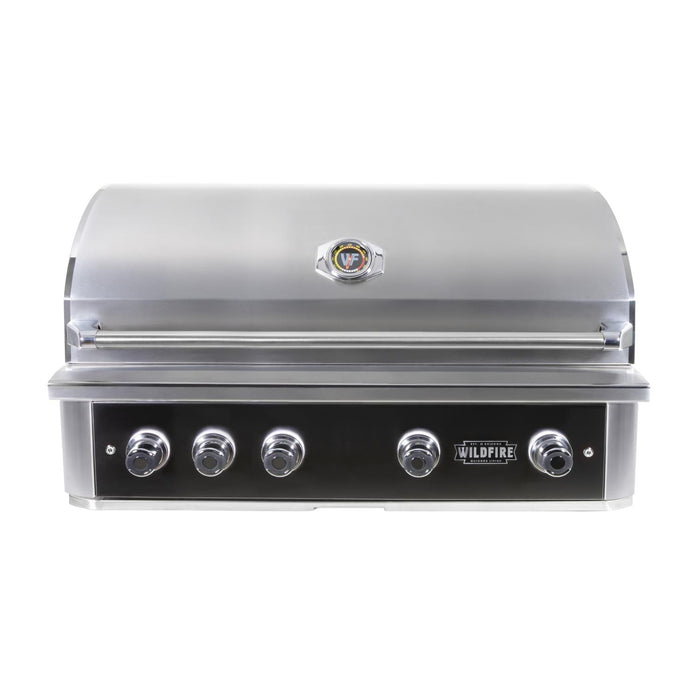 Stono Outdoor Living The Wildfire Ranch Pro 42" Gas Grill 304 Black SS Propane by Wildfire Outdoor Living features five control knobs, a closed lid, and a central temperature gauge.