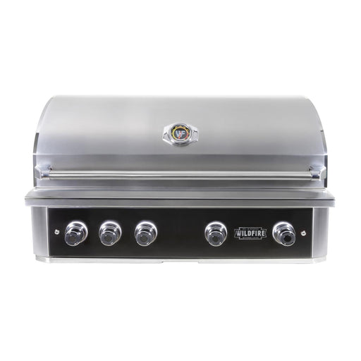 Stono Outdoor Living The Wildfire Outdoor Living Ranch Pro 42" Gas Grill (304 Black SS, Natural Gas) features five control knobs, a temperature gauge, a closed lid, and the Wildfire logo on the front. Model: WFPRO42G-BSS-NG.