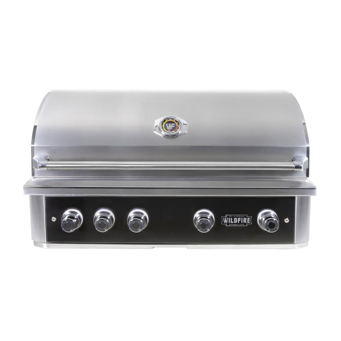 Stono Outdoor Living The Wildfire Outdoor Living Ranch Pro 42" Gas Grill (304 Black SS, Natural Gas) features five control knobs, a temperature gauge, a closed lid, and the Wildfire logo on the front. Model: WFPRO42G-BSS-NG.