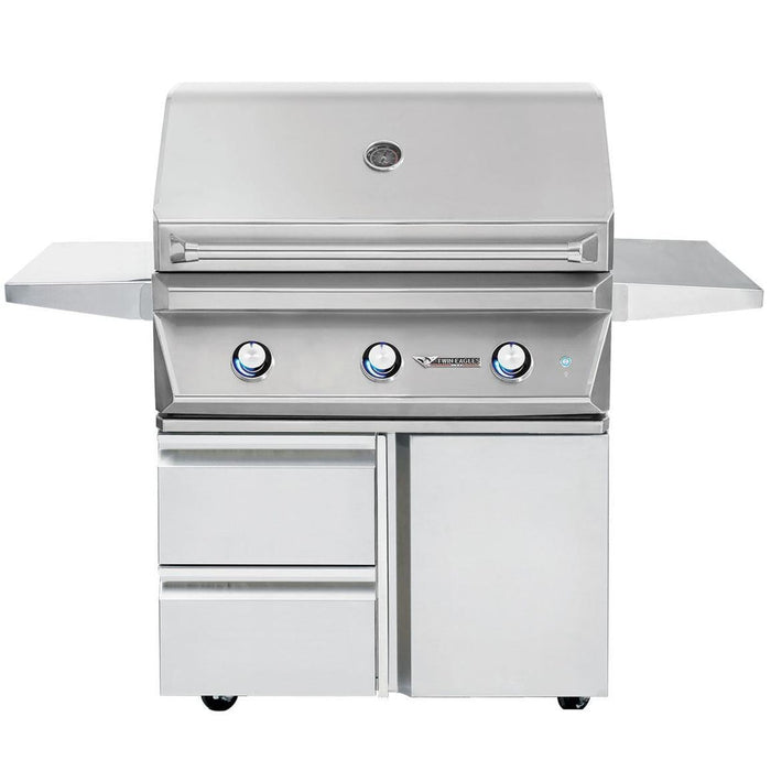 Stono Outdoor Living The Twin Eagles 42-Inch 3-Burner Built-In Propane Gas Grill (TEBQ42G-CL) features a Five-Part Grilling System, three control knobs, built-in thermometer, two side shelves, and storage cabinets and drawers underneath.
