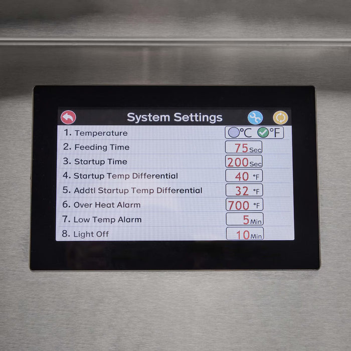 Stono Outdoor Living The Coyote 36" Pellet Grill - C2P36 features a touchscreen display that shows outdoor cooking settings like temperature, feeding time, startup time, and alarms in red and blue using advanced digital controls.