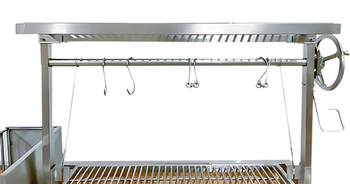 Stono Outdoor Living The Tagwood BBQ Round Warming Roof Grill for BBQ23SS/BBQ25SS - BBQ99SS features 304 stainless steel, a hand crank, metal hooks, a top warming rack, and a lower grilling grate. Front view shown on a white background. Brand: Tagwood BBQ.