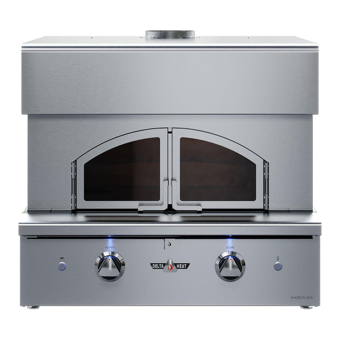 Stono Outdoor Living The Delta Heat 30-Inch Built-In Pizza Oven (DHPO30BI-L) is a propane stainless steel outdoor oven featuring two glass doors, blue-lit knobs, and a chimney. Its modern design by Delta Heat is perfect for artisan-style cooking.