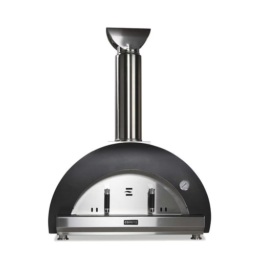 Stono Outdoor Living The Coyote 40" Duomo Wood Fired Outdoor Oven (C1PZ40WMB) in matte black features a stainless steel and black finish, rounded top, ceramic dome, chimney, temperature gauge, and front handles—shown front-facing against a white background.