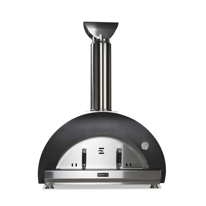 Stono Outdoor Living The Coyote 40" Duomo Wood Fired Outdoor Oven (C1PZ40WMB) in matte black features a stainless steel and black finish, rounded top, ceramic dome, chimney, temperature gauge, and front handles—shown front-facing against a white background.