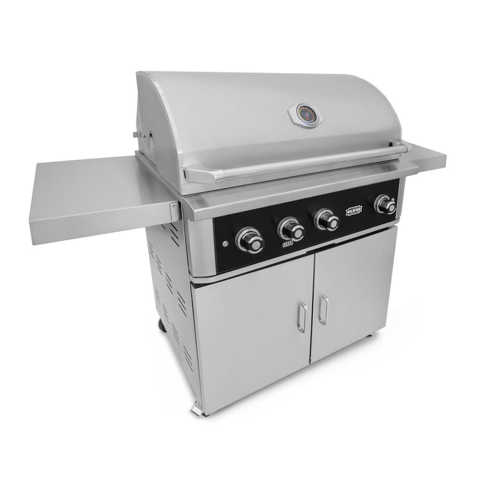 Stono Outdoor Living The Wildfire Outdoor Living Ranch Pro 36-in 3 Burner Black 304 SS Natural Gas Grill (WFPRO36G-BSS-NG) features stainless steel burners, four control knobs, a lid thermometer, side shelves, and a double-door storage cabinet for outdoor cooking.