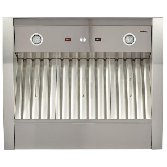 Stono Outdoor Living The Coyote 36" Outdoor Insert (C1LINER36) features stainless steel construction, two lights, control buttons, and three vertical vent filters. The Coyote brand is displayed on the upper right corner—ideal for powerful outdoor kitchen ventilation.